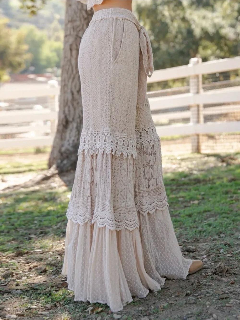 NWT: Young Threads “Desert Dream Cloud” Bohemian Lace Tiered Wide Leg Pants• S - Picture 2 of 7